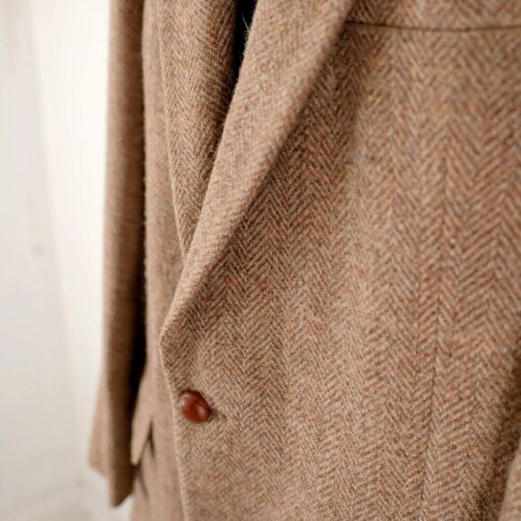 WM F Farah Tweed Wool Tan Herringbone 2 Leather Button Sport Coat 40L Tagged 42L - Picture 4 of 13